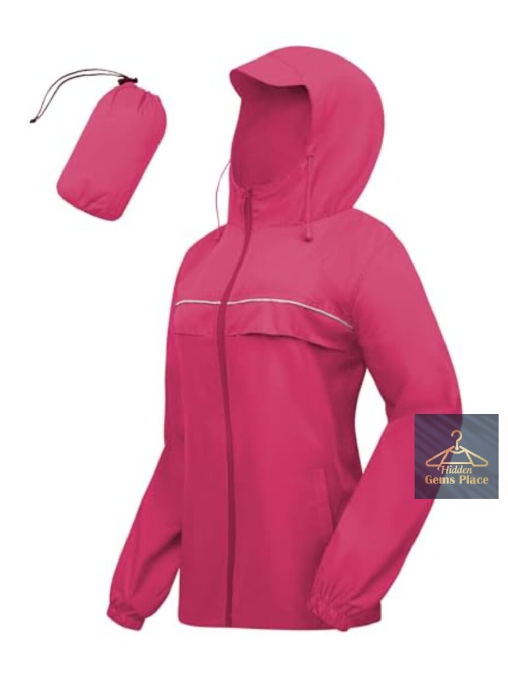 Lightweight Packable Waterproof Nylon Rain Jacket with Hood Reflective Stripe